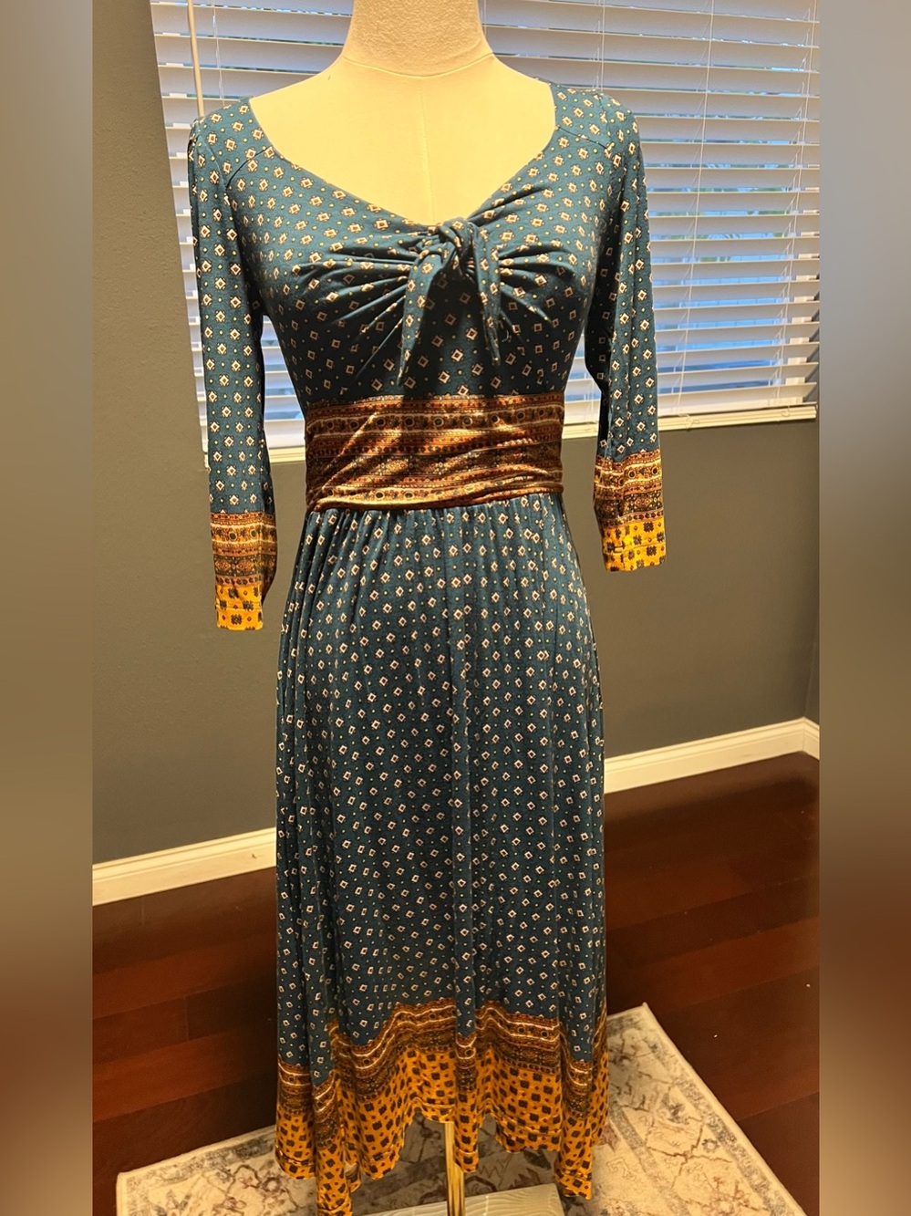Anthropologie Teal Printed Tie-Front Midi Dress with Contrasting Border. Size SM